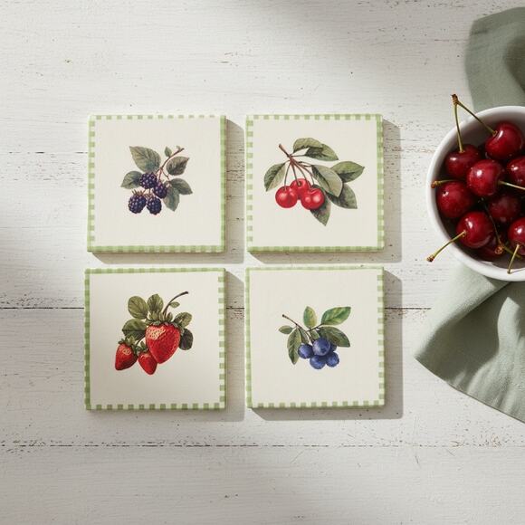 Anthropologie Other - Ceramic Tile Coasters Set of 4  | Garden Fruit Cottagecore Kitchen Decor Gift